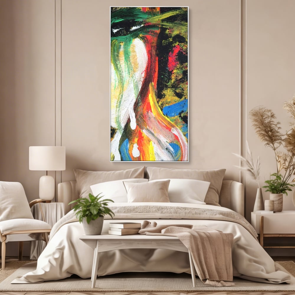 Tablou canvas cu pictura abstracta cu portret si lacrimi, in rama de aluminiu argintiu, pe perete intr-un dormitor